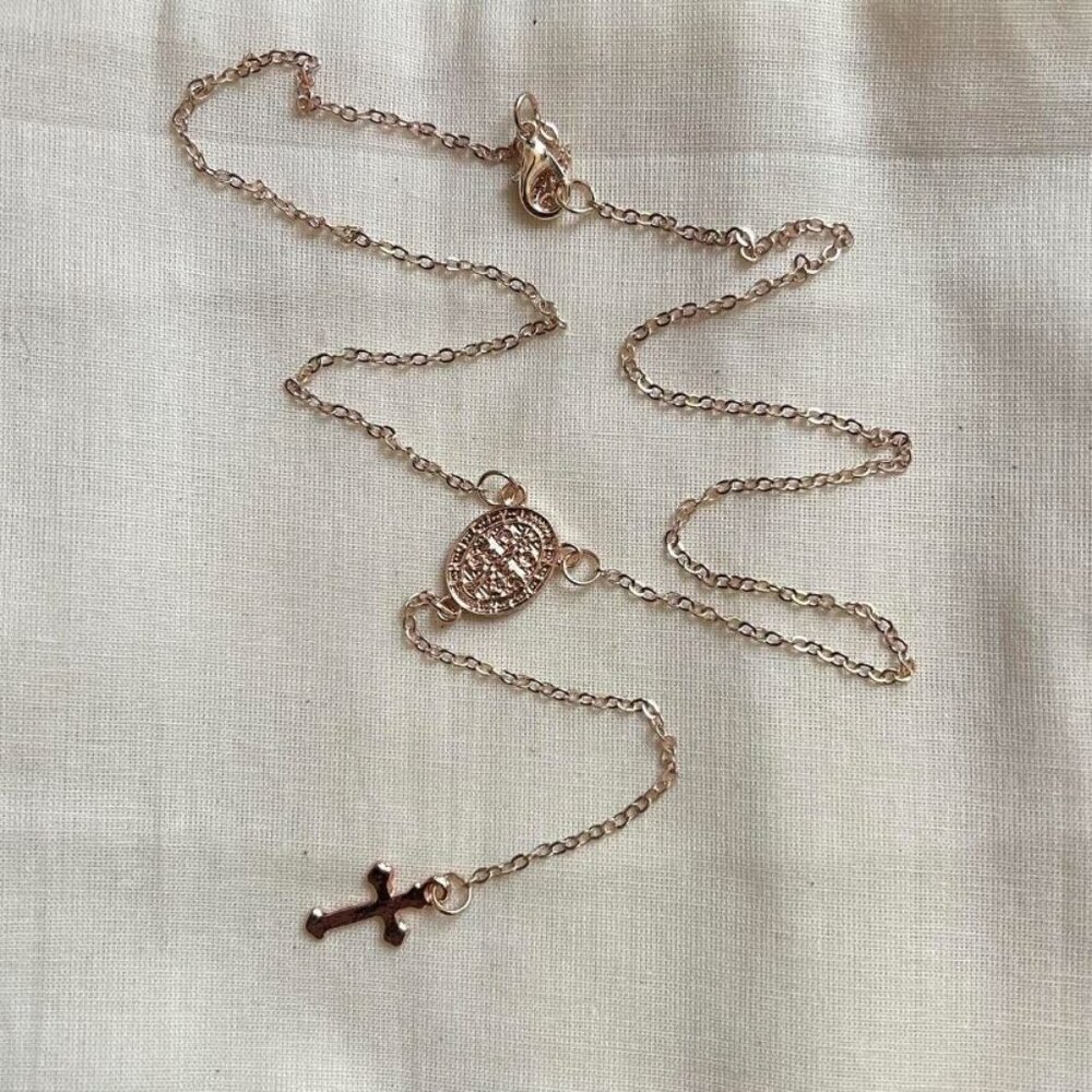 y2k 2000s rose gold rosary bead style Jesus piece necklace
